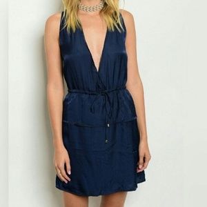 Sexy V-Neck Waist-Tie Mini Dress, Navy Blue - NWOT